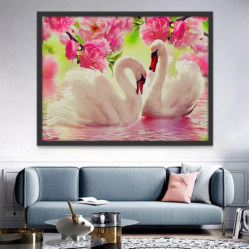 Pareja de Cisnes y Flores Rosadas Pintar por Números