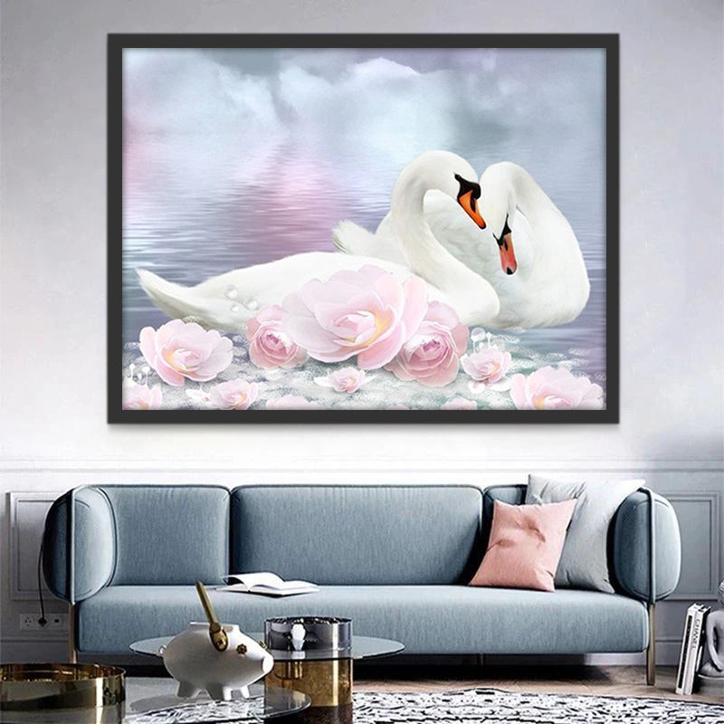 Pareja de Cisnes y Flores Rosas Pintar por Números