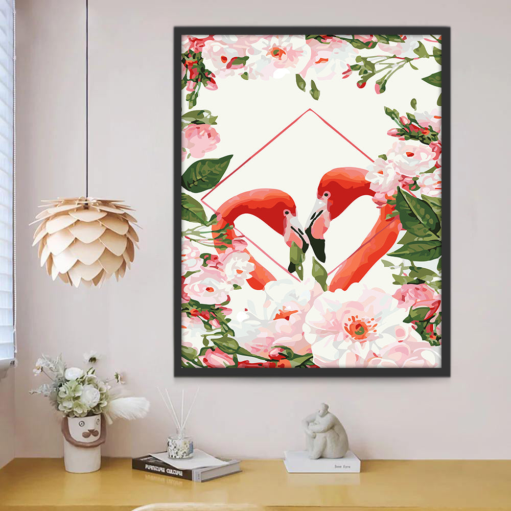 Pareja de Flamencos entre Flores Pintar por Números