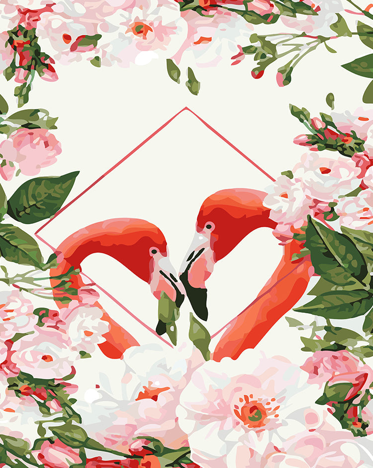 Pareja de Flamencos entre Flores Pintar por Números
