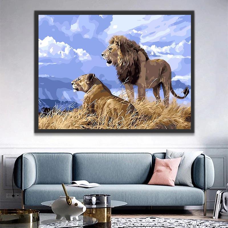 Pareja de Leones y Cielo Azul Pintar por Números