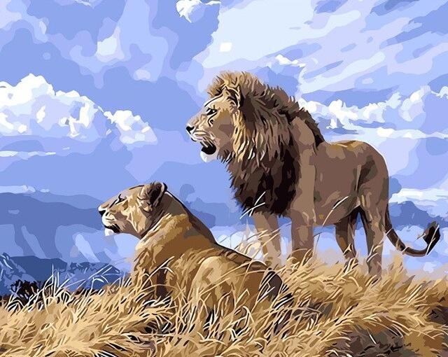 Pareja de Leones y Cielo Azul Pintar por Números