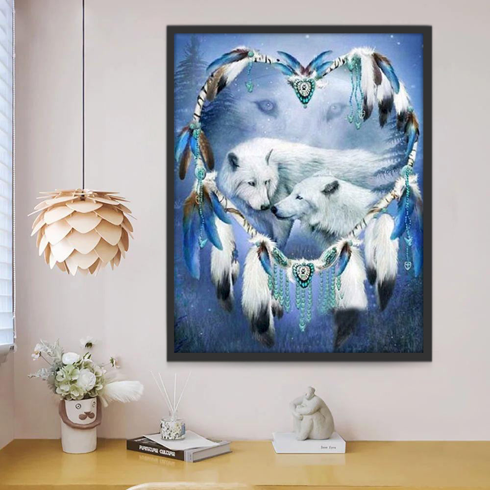 Pareja de Lobos Blancos y Corazón de Plumas Pintar por Números