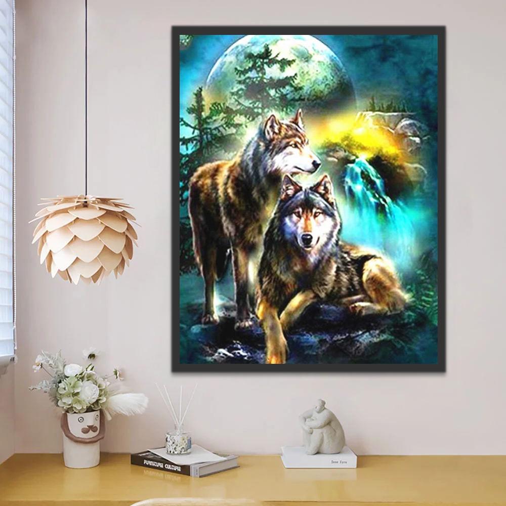 Pareja de Lobos con Fondo de La Luna y Cascada Pintar por Números