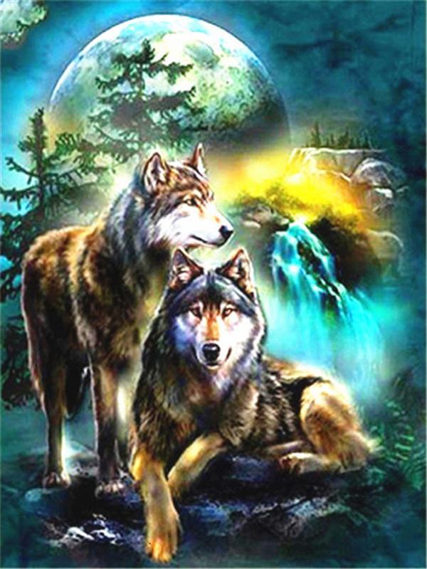 Pareja de Lobos con Fondo de La Luna y Cascada Pintar por Números
