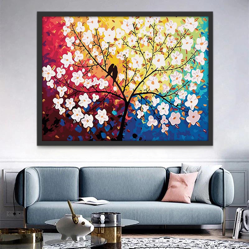 Pareja de Pájaros en Árbol con Flores Blancas Pintar por Números