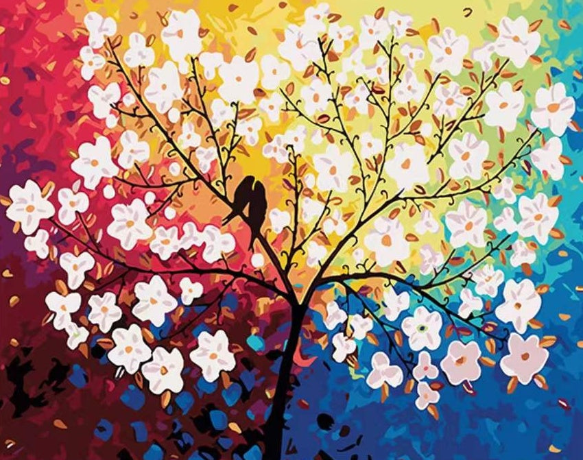 Pareja de Pájaros en Árbol con Flores Blancas Pintar por Números