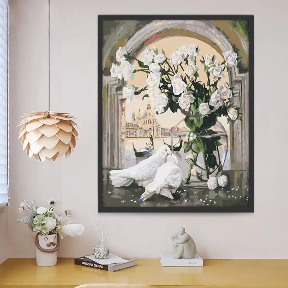Pareja de Palomas al Lado de Rosas Blancas Pintar por Números
