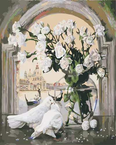 Pareja de Palomas al Lado de Rosas Blancas Pintar por Números