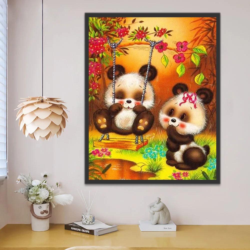 Pareja de Pandas y Columpio de Árbol Floral Pintar por Números