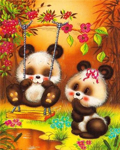 Pareja de Pandas y Columpio de Árbol Floral Pintar por Números