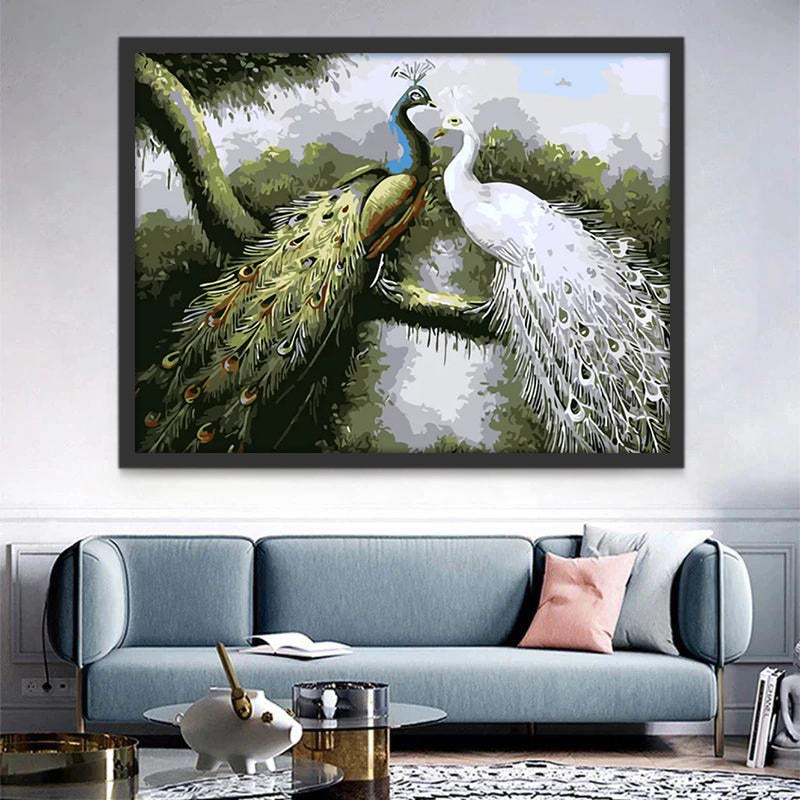 Pareja de Pavos Reales sobre Árbol Pintar por Números
