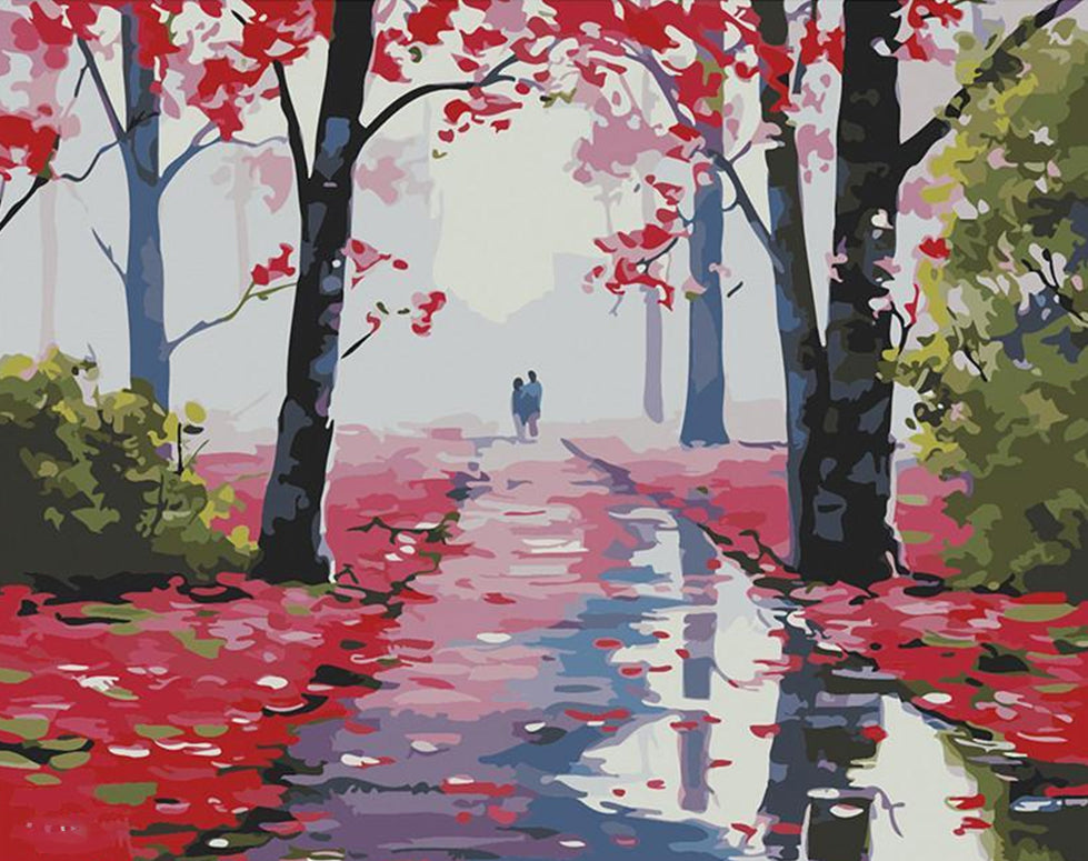 Pareja en el Camino con Árboles Otoñales Pintar por Números