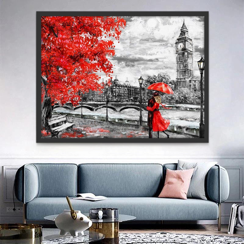 Pareja y Árbol Rojo y Gran Ben Pintar por Números