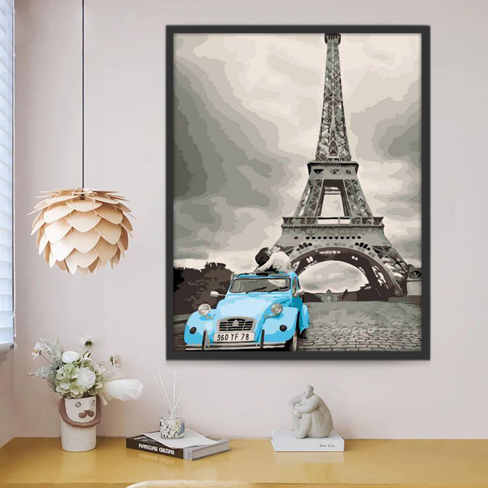 Pareja y Coche Azul y Torre Eiffel Pintar por Números