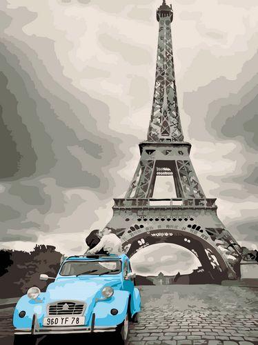 Pareja y Coche Azul y Torre Eiffel Pintar por Números