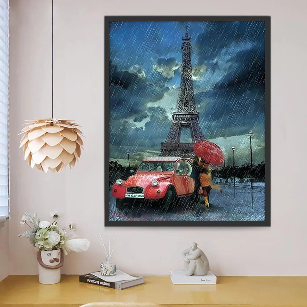 Pareja y Coche Rojo en Lluvia de París Pintar por Números