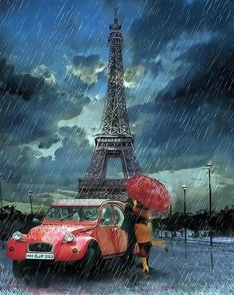Pareja y Coche Rojo en Lluvia de París Pintar por Números