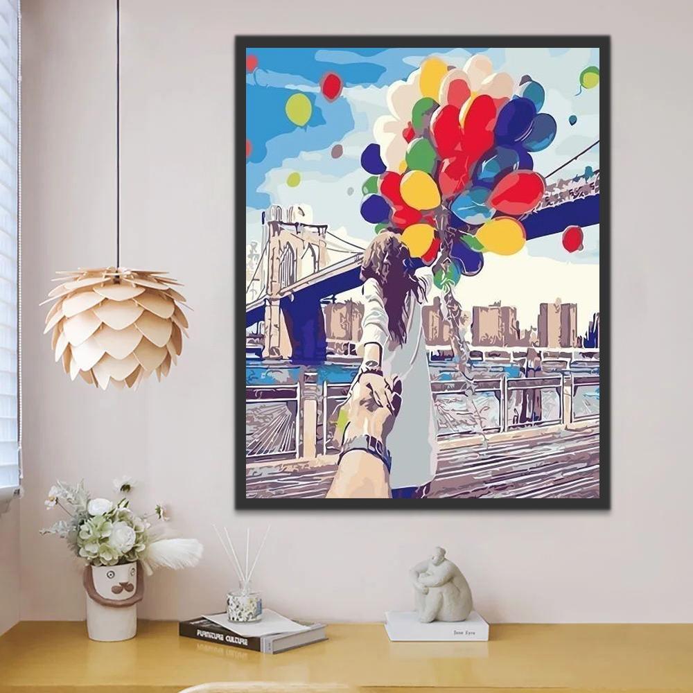 Pareja y Globos Coloridos y Puente Brooklyn Pintar por Números