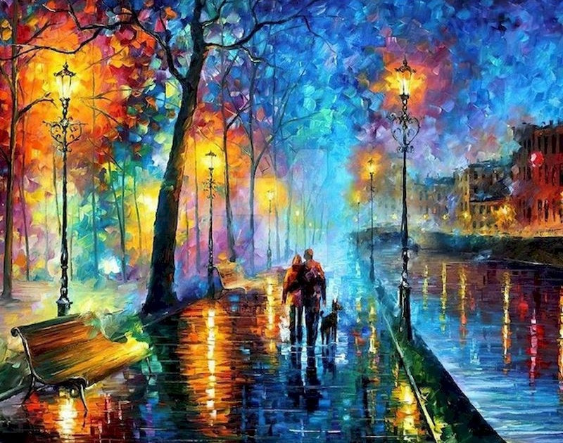Pareja y Perritos en la Calle Iluminada Pintar por Números