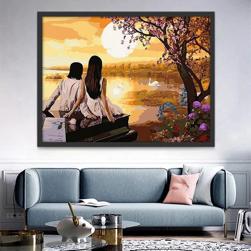 Pareja y Piano y Flores con Cisne en Lago al Atardecer Pintar por Números