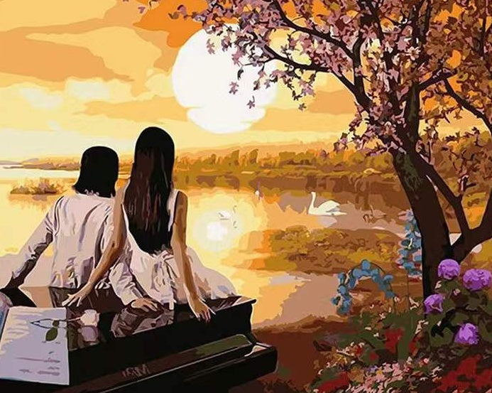 Pareja y Piano y Flores con Cisne en Lago al Atardecer Pintar por Números