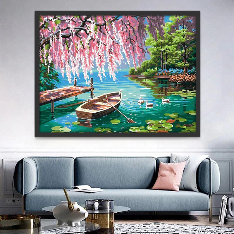 Parque con Patos y Árbol Rosado Pintar por Números