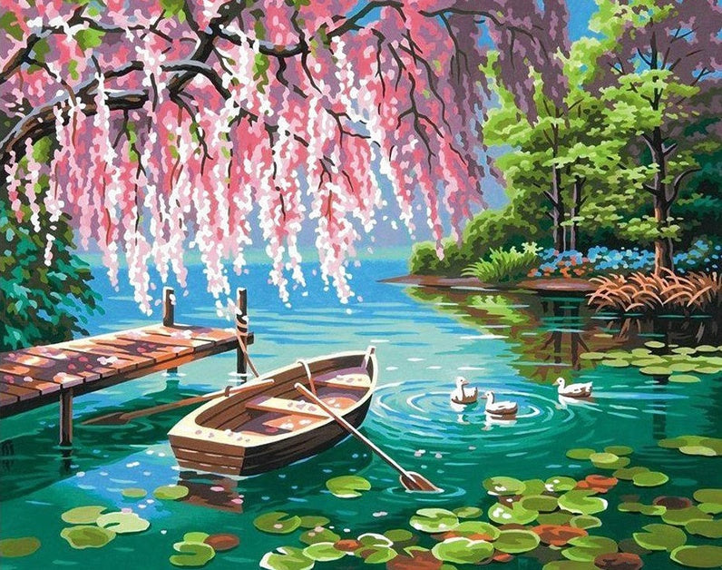 Parque con Patos y Árbol Rosado Pintar por Números