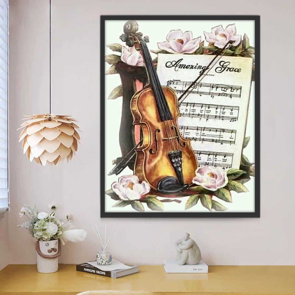 Partitura y Violín y Flores Pintar por Números