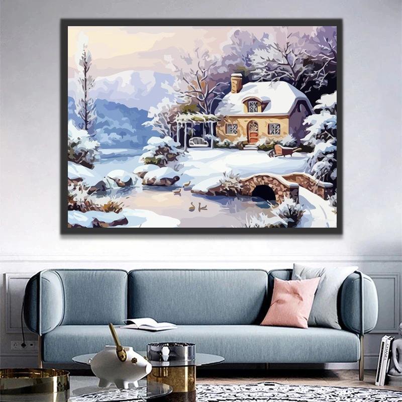 Patos y Casa en el Bosque Nevado Pintar por Números