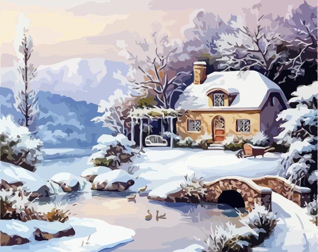 Patos y Casa en el Bosque Nevado Pintar por Números