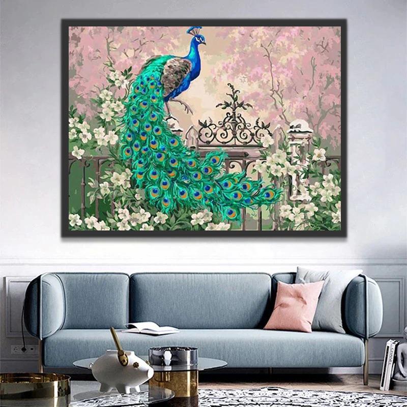 Pavo Real con Flores Blancas y Rosas Pintar por Números