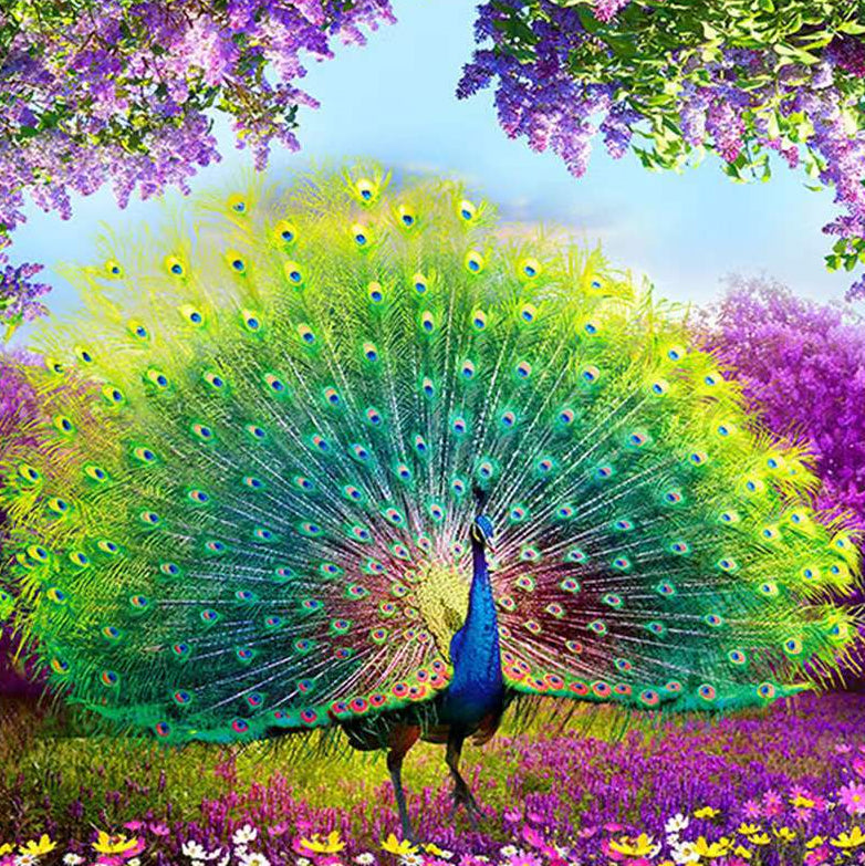 Pavo Real con Flores Violáceas Pintar por Números