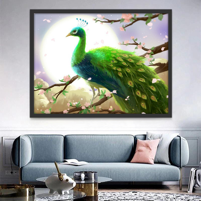 Pavo Real Verde sobre Rama Floral Pintar por Números