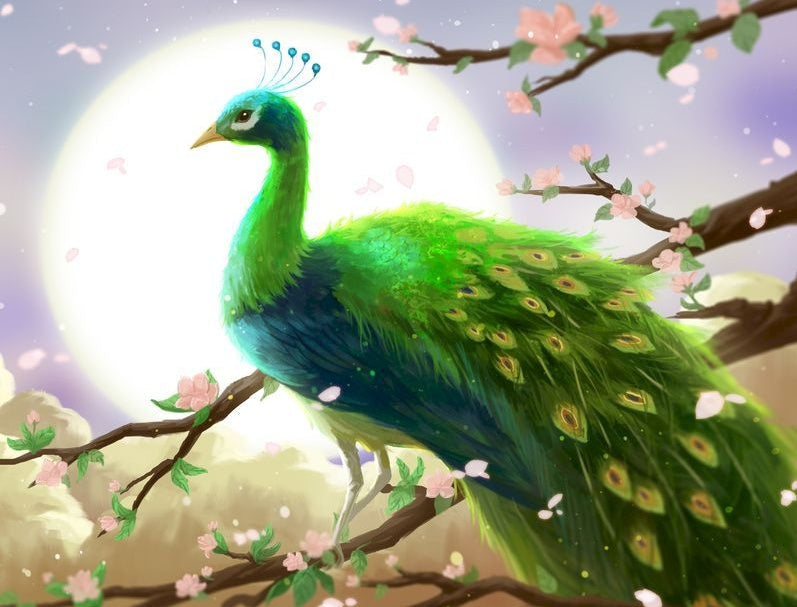 Pavo Real Verde sobre Rama Floral Pintar por Números