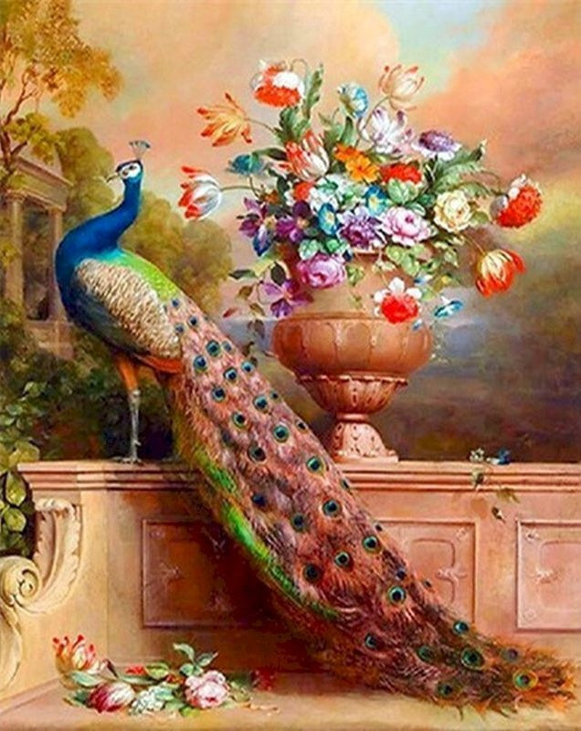 Pavo Real y Flores en Florero Pintar por Números