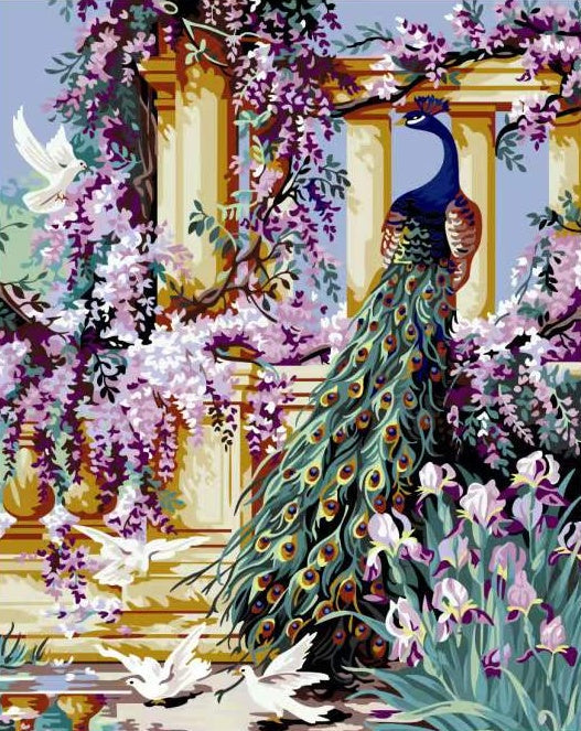 Pavo Real y Flores Moradas Pintar por Números