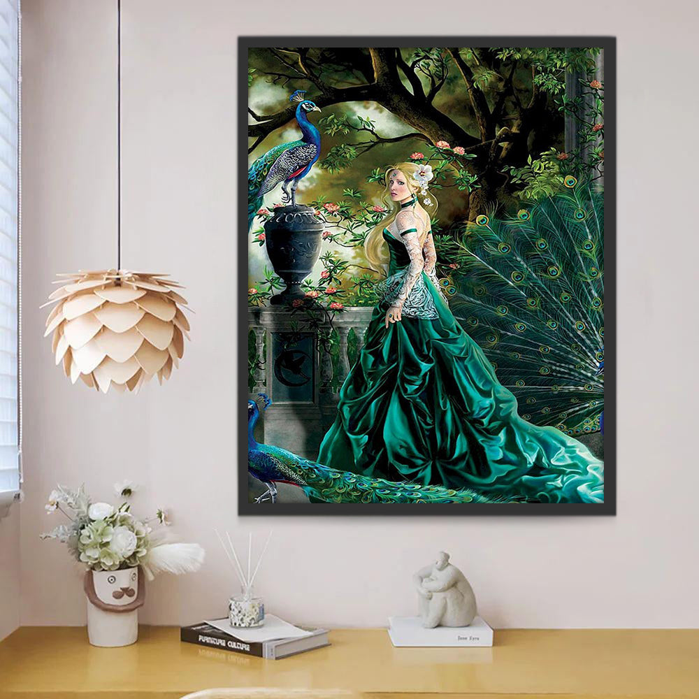 Pavo Real y Princesa de Vestido Verde Pintar por Números