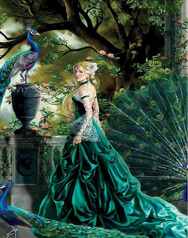Pavo Real y Princesa de Vestido Verde Pintar por Números