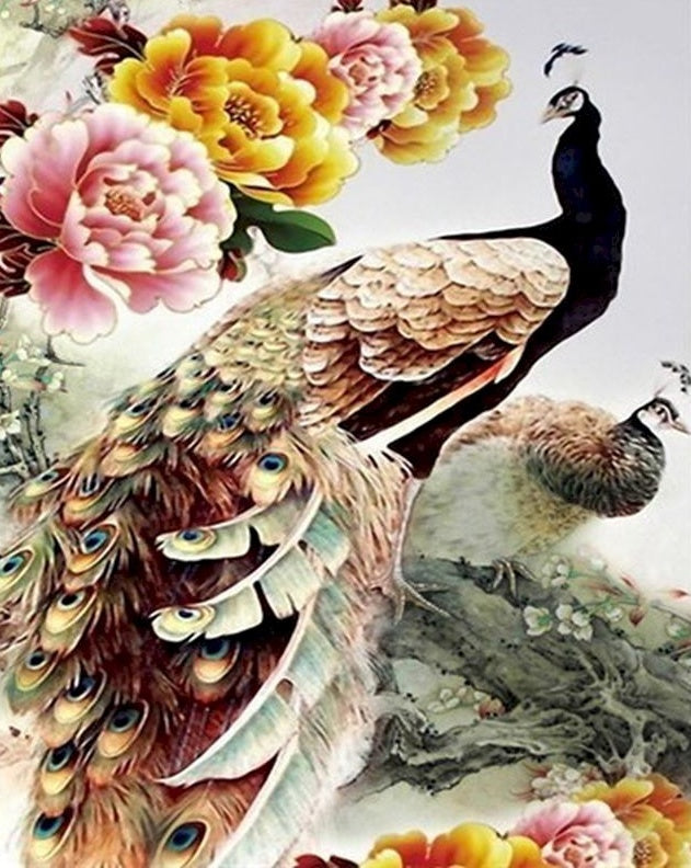 Pavos Reales con Flores de Peonía Pintar por Números