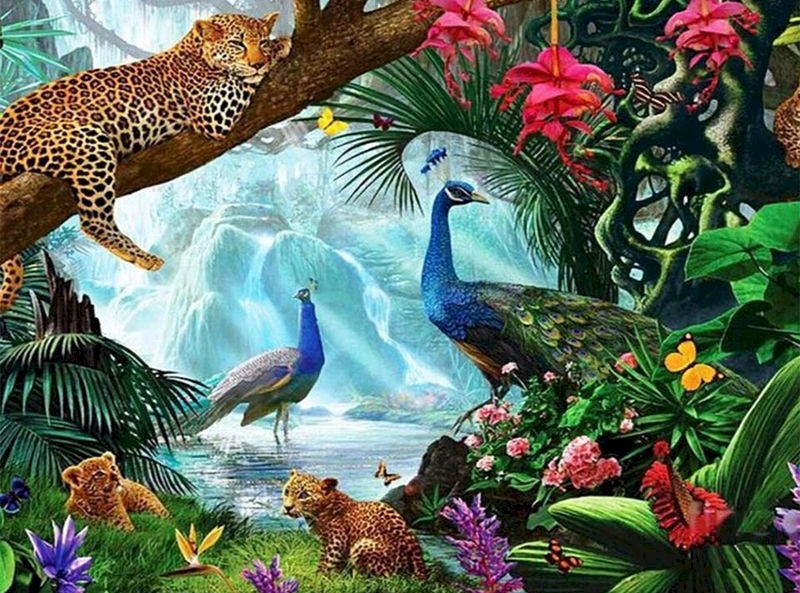 Pavos Reales y Leopardos en Bosque Pintar por Números
