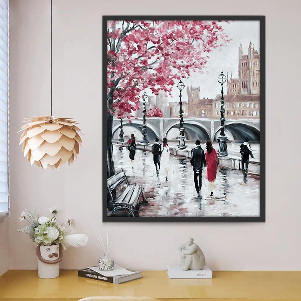 Peatón y Árbol Rosado y Puente Pintar por Números
