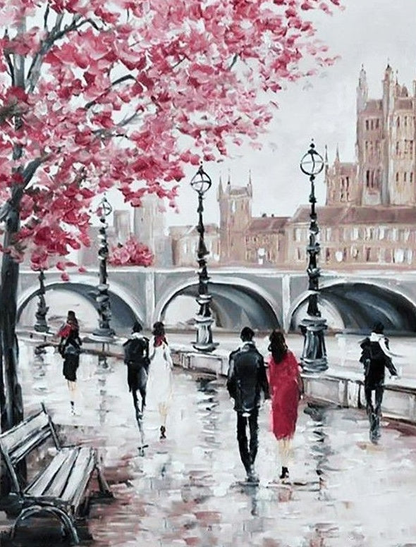 Peatón y Árbol Rosado y Puente Pintar por Números