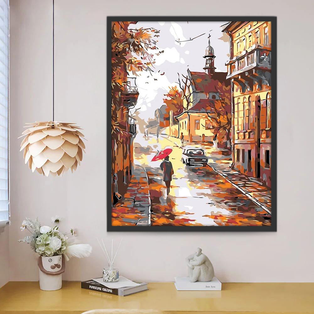 Peatón y Coche en la Calle en el Otoño Pintar por Números