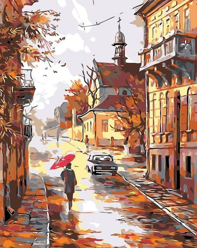 Peatón y Coche en la Calle en el Otoño Pintar por Números