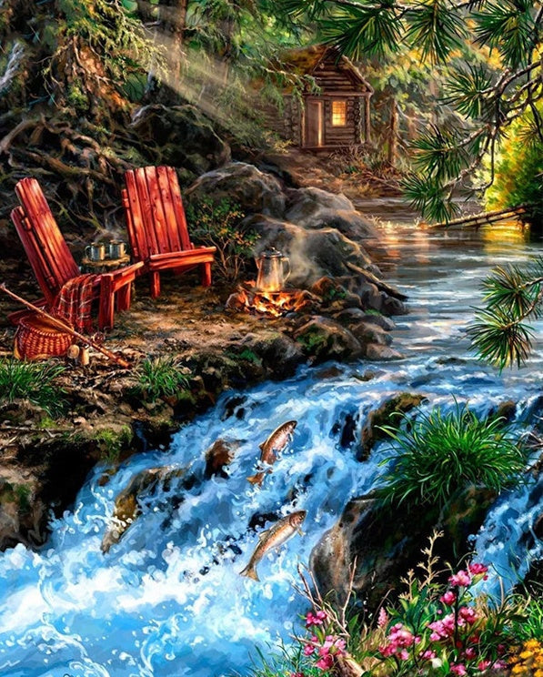 Peces en Arroyo y Casa en Bosque Pintar por Números