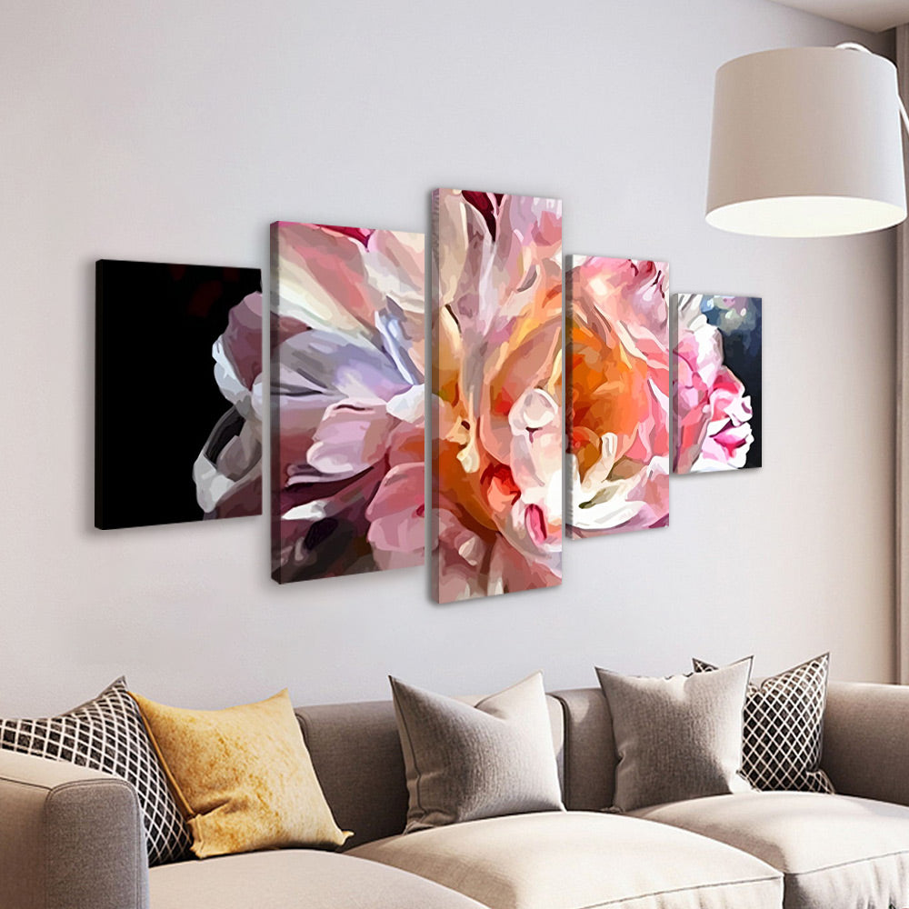 Peonía Hermosa de Color Rosado con Fondo Negro 5 Partes Pintar por Números