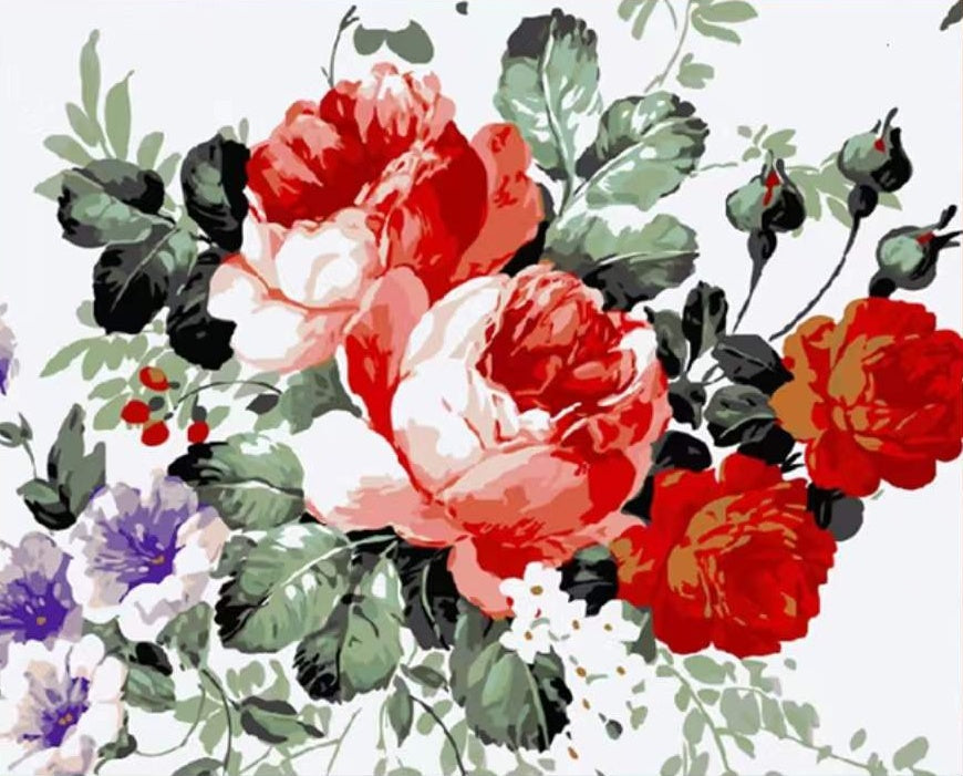 Peonía Roja y Flores Moradas en el Fondo Blanco Pintar por Números