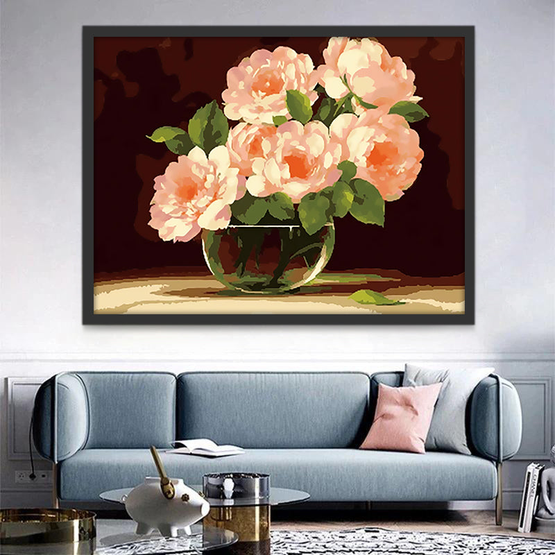 Peonía Rosada en Florero de Cristal con Fondo Oscuro Pintar por Números