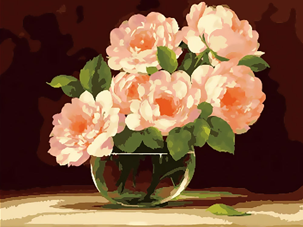 Peonía Rosada en Florero de Cristal con Fondo Oscuro Pintar por Números